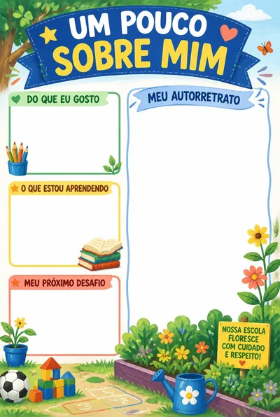 Um pouco sobre mim com livros e lápis, três áreas de apresentação pessoal e um grande quadro de autorretrato vazio.