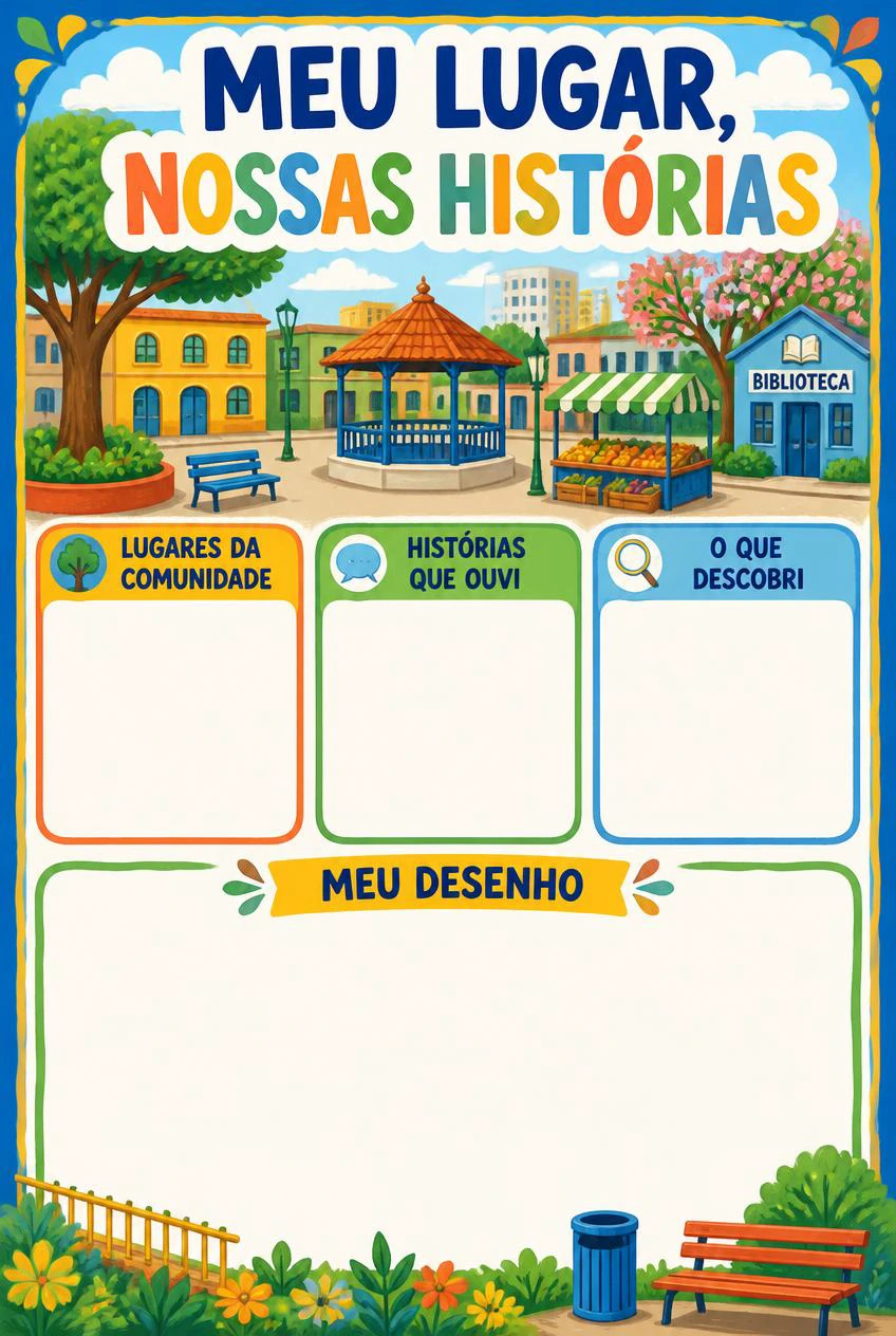 Meu lugar, nossas histórias com praça, biblioteca e feira ilustradas ao redor de três campos de pesquisa e uma área de desenho.