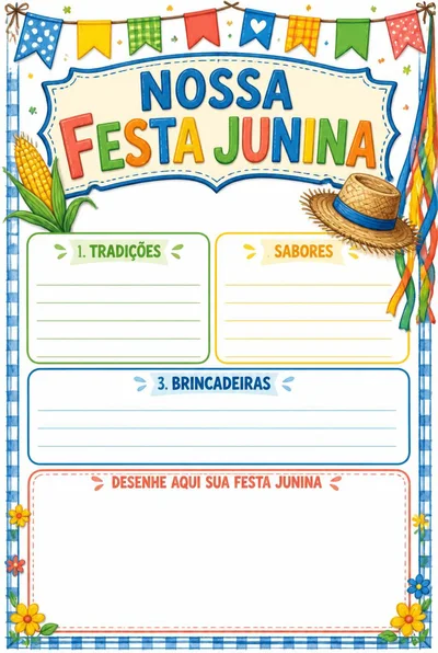 Cartaz Nossa Festa Junina com bandeirinhas, milho e chapéu de palha, três seções de pesquisa e uma área para desenhar.