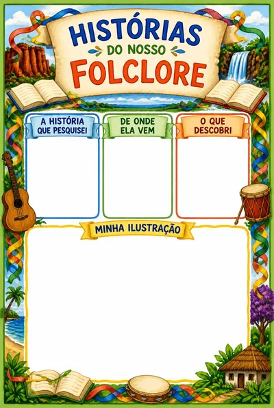 Histórias do nosso folclore com livros, fitas e paisagens, três espaços de pesquisa vazios e uma área para ilustração própria.