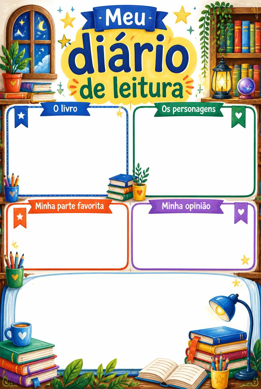 Meu diário de leitura com livros e marcadores, quatro campos de resposta livres e espaço para desenhar uma cena.