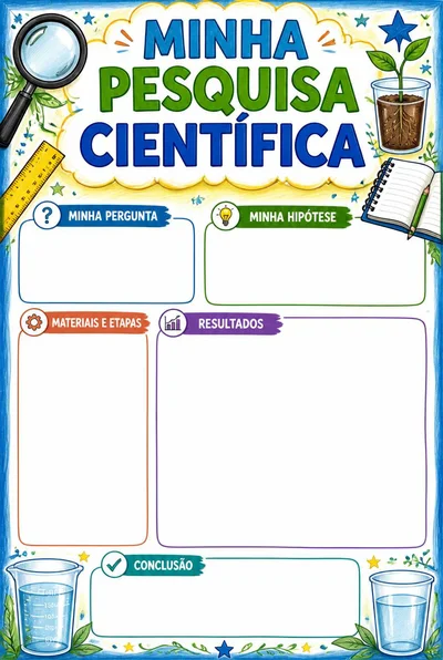 Minha pesquisa científica com lupa, muda de planta e caderno, cinco seções vazias e espaço para desenhar resultados.