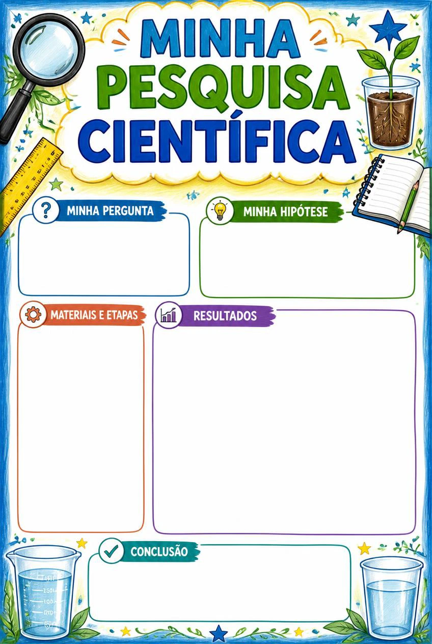 Minha pesquisa científica com lupa, muda de planta e caderno, cinco seções vazias e espaço para desenhar resultados.