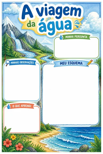 A viagem da água com rio, montanha e nuvens, três seções vazias e uma área ampla para um esquema próprio.