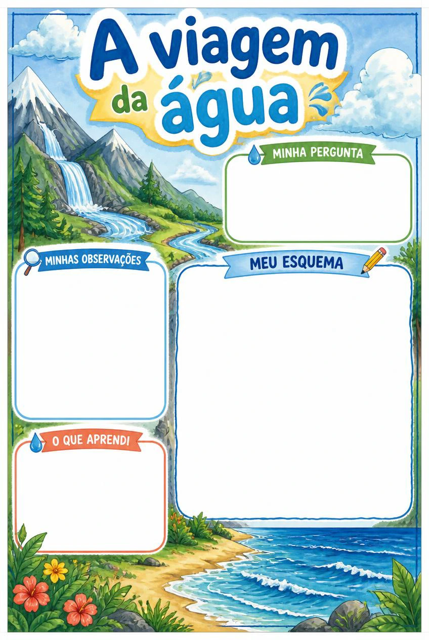 A viagem da água com rio, montanha e nuvens, três seções vazias e uma área ampla para um esquema próprio.