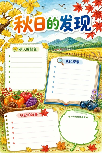 秋日的发现手抄报，银杏、枫叶、田野和果实围绕三处书写区及叶片形绘画区。