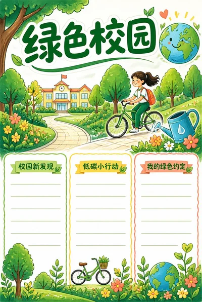 绿色校园手抄报，绿树、学校和骑行插画下方排列三个带书写线的环保栏目。