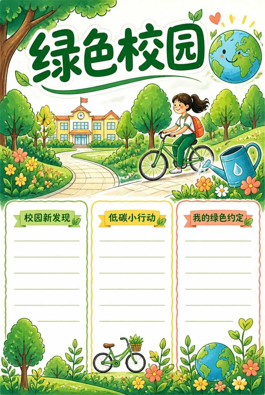 绿色校园手抄报，绿树、学校和骑行插画下方排列三个带书写线的环保栏目。