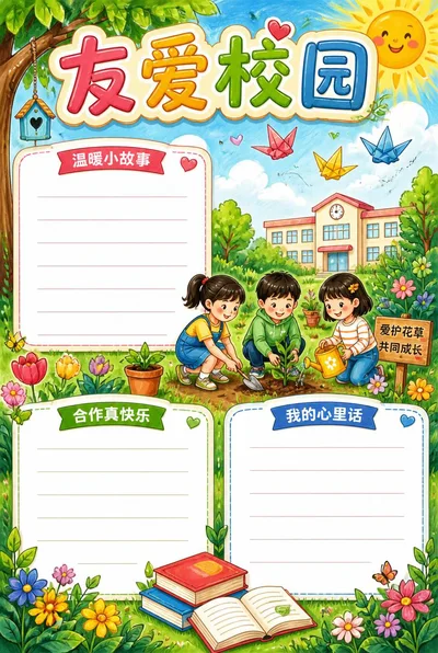 友爱校园手抄报，学生一起照顾花园，四周有纸鹤与三个友爱主题留白书写区。