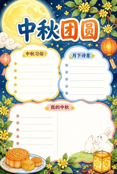 中秋团圆手抄报，圆月、桂花、月饼与灯笼环绕三个大小错落的白色栏目。