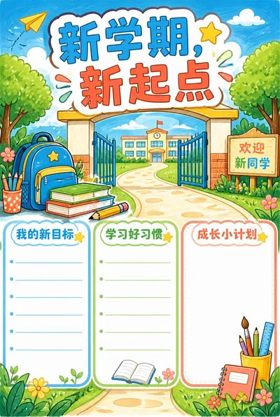 新学期，新起点手抄报，校门与书包插画下方是新目标、学习习惯、成长计划三个栏目。