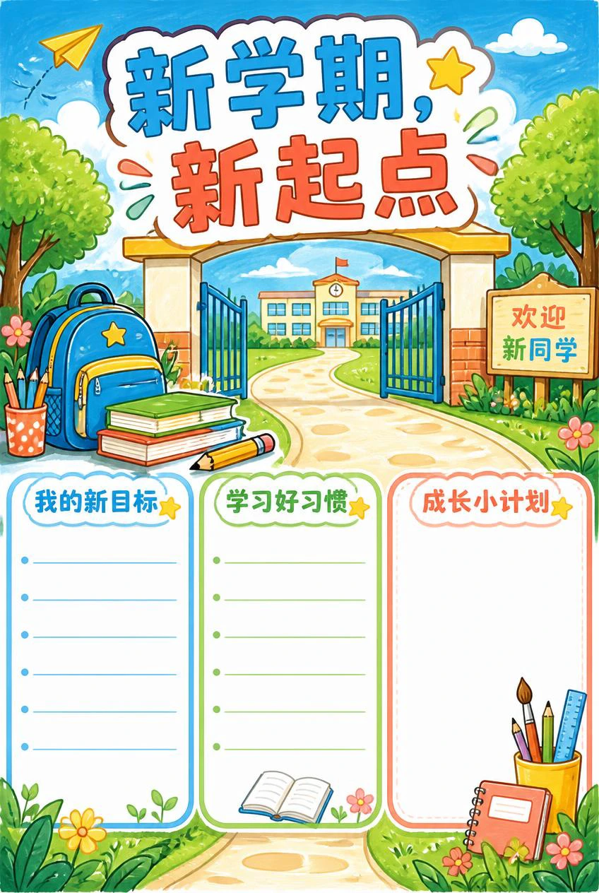新学期，新起点手抄报，校门与书包插画下方是新目标、学习习惯、成长计划三个栏目。