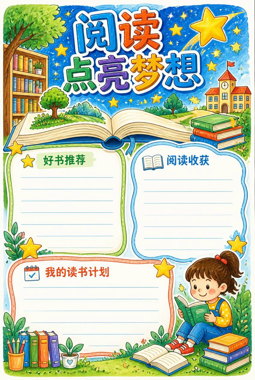 阅读点亮梦想手抄报，打开的书本、校园与阅读插画环绕三个留白书写区。