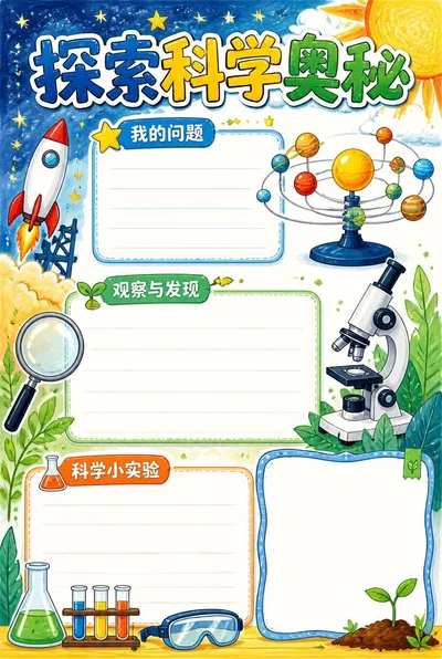 探索科学奥秘手抄报，火箭、显微镜与实验器皿围绕问题、观察、实验和绘图留白区。