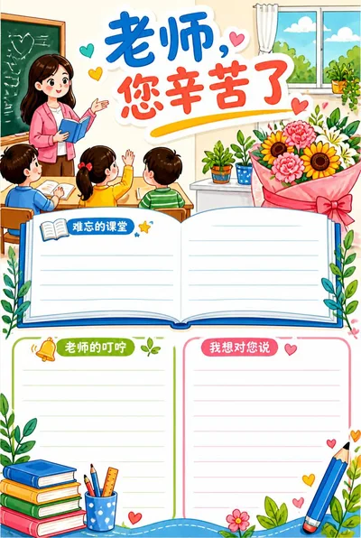 老师，您辛苦了手抄报，课堂和花束插画搭配展开的书页及三个感谢老师的留白栏目。