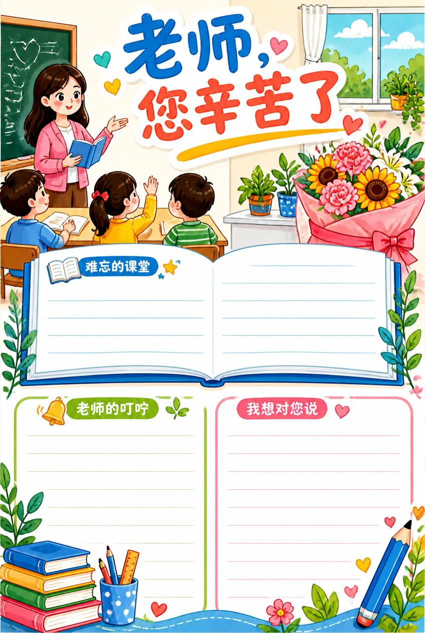 老师，您辛苦了手抄报，课堂和花束插画搭配展开的书页及三个感谢老师的留白栏目。
