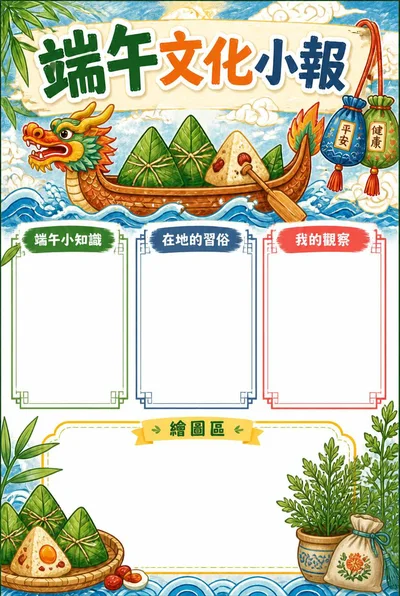 端午文化小報，龍舟、粽子、艾草與香包插畫旁是三個空白欄目和繪畫區。