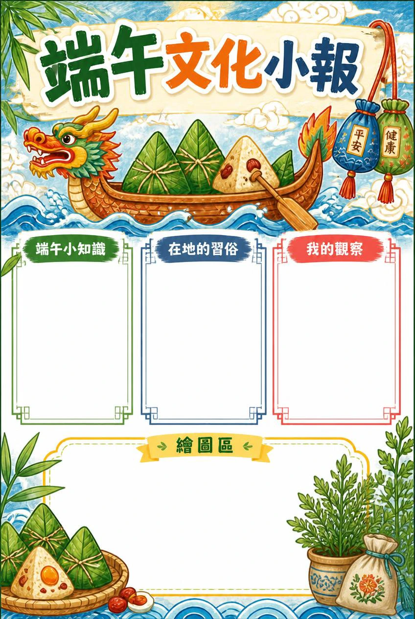 端午文化小報，龍舟、粽子、艾草與香包插畫旁是三個空白欄目和繪畫區。