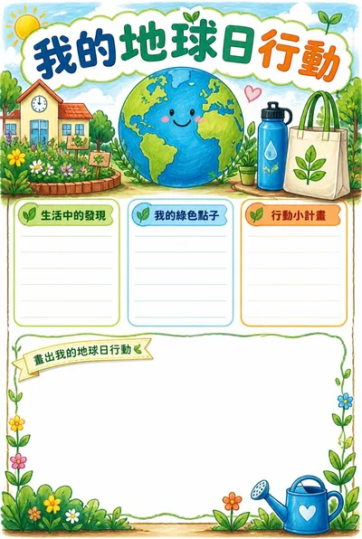 我的地球日行動海報，地球、校園花圃和環保用品圍繞三個留白書寫區與繪畫區。