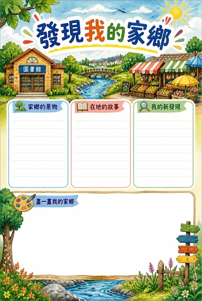 發現我的家鄉小報，圖書館、市場、綠樹和溪流插畫環繞三個空白欄目與繪畫區。