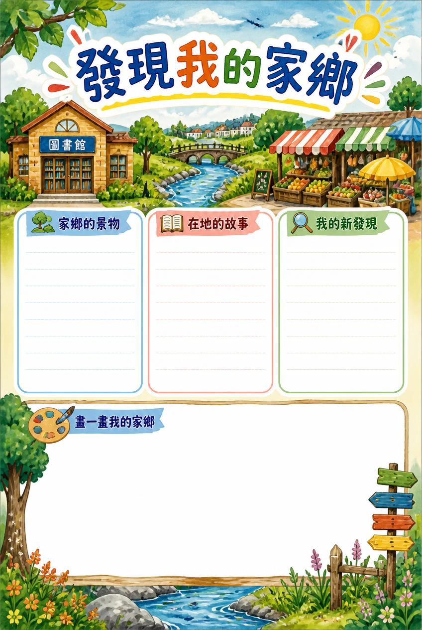 發現我的家鄉小報，圖書館、市場、綠樹和溪流插畫環繞三個空白欄目與繪畫區。