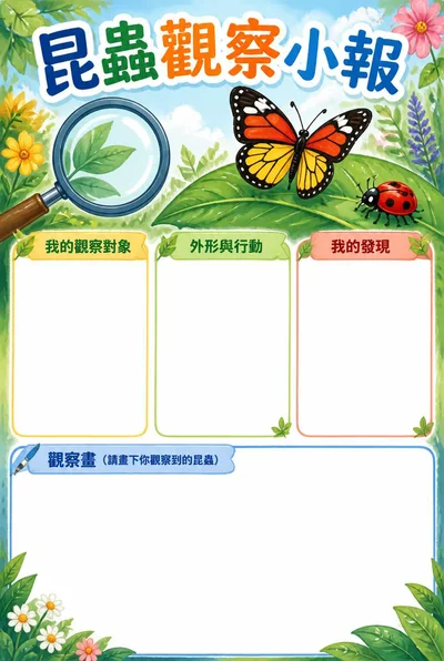 昆蟲觀察小報，放大鏡、葉片和昆蟲插畫搭配三個書寫欄與大幅空白觀察畫區。