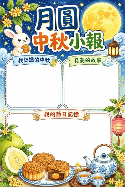 月圓中秋小報，圓月、柚子、桂花與月餅插畫圍繞三個文化書寫區和繪畫留白。