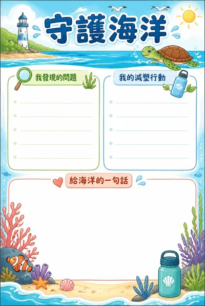 守護海洋海報，海岸、珊瑚和海龜插畫環繞三個環境行動留白區。