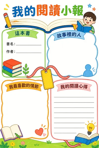 我的閱讀小報以書本與書籤串連書名作者、人物、喜愛情節和心得四個留白區。