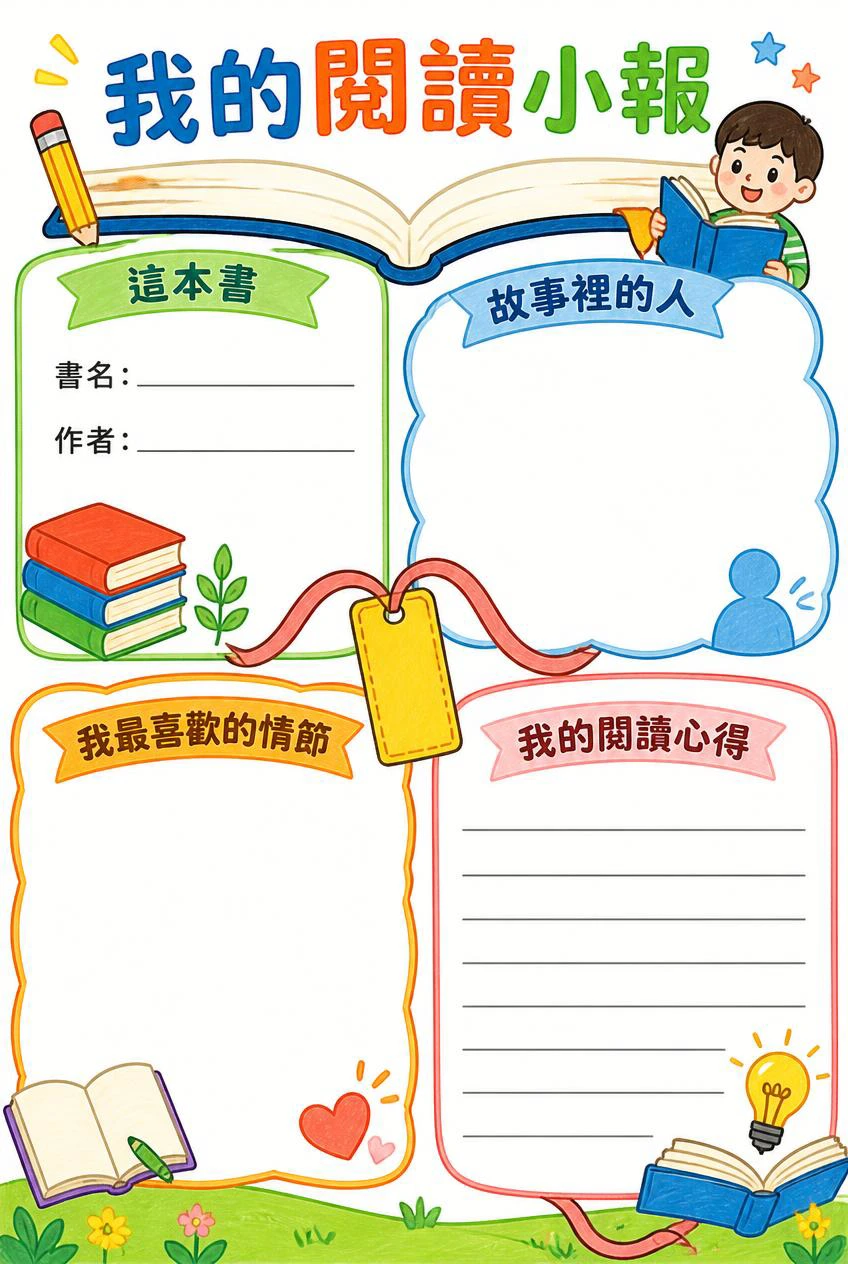 我的閱讀小報以書本與書籤串連書名作者、人物、喜愛情節和心得四個留白區。
