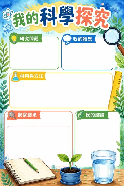 我的科學探究海報，量尺、嫩芽和筆記本插畫搭配五個研究欄目及觀察繪圖空間。