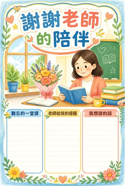 謝謝老師的陪伴海報，課堂、花束和書本插畫搭配三個寫給老師的留白欄目。