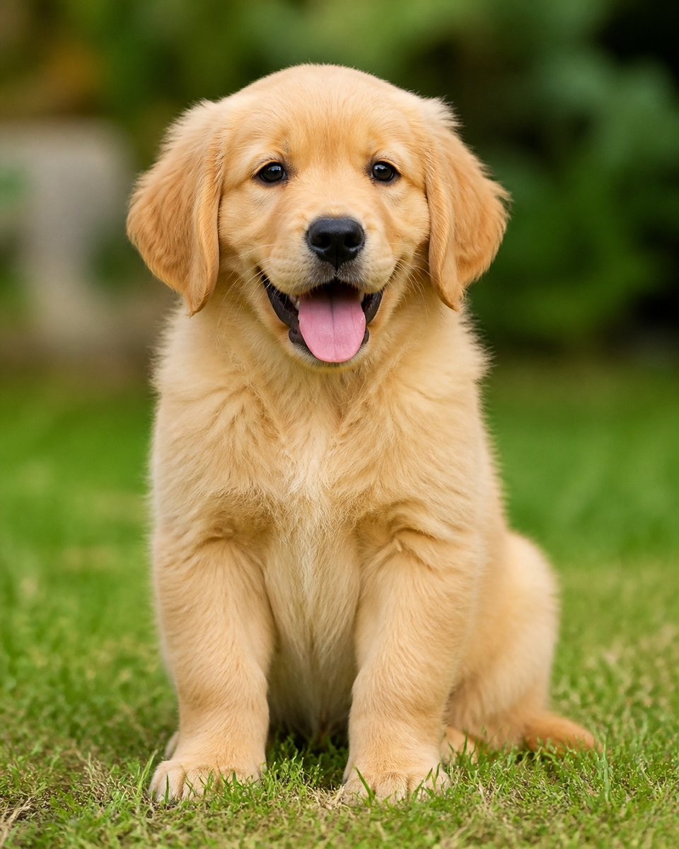 A photo of a golden retriever puppy next to the coloring page made from it