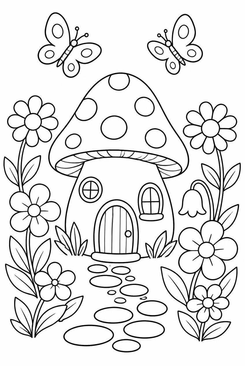 Printable line-art coloring page of a fairy house in a flower garden with two butterflies