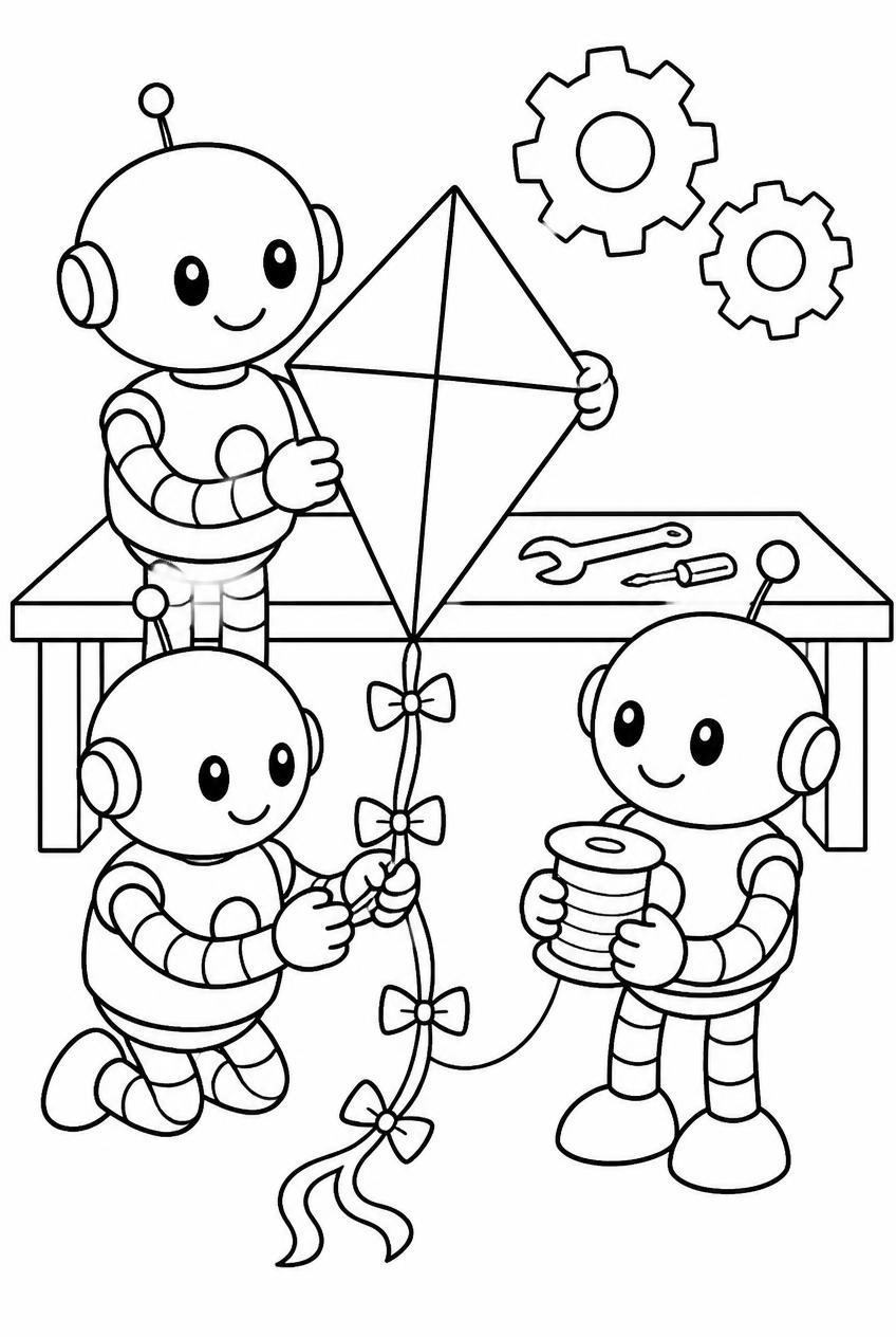 Printable line-art coloring page of three friendly robots building a kite in a workshop