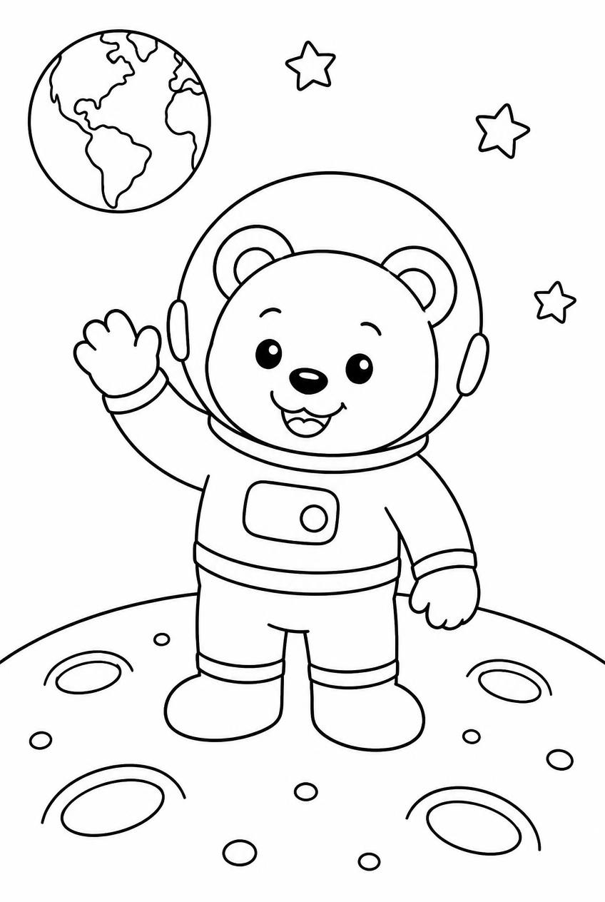 Printable line-art coloring page of a bear in a space helmet waving on the Moon
